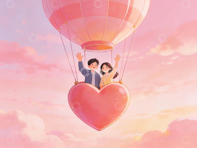 高清大图下载【趣麦麦图】情侣乘热气球心形吊篮飞翔