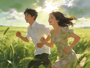 青年男女在麦田中奔跑