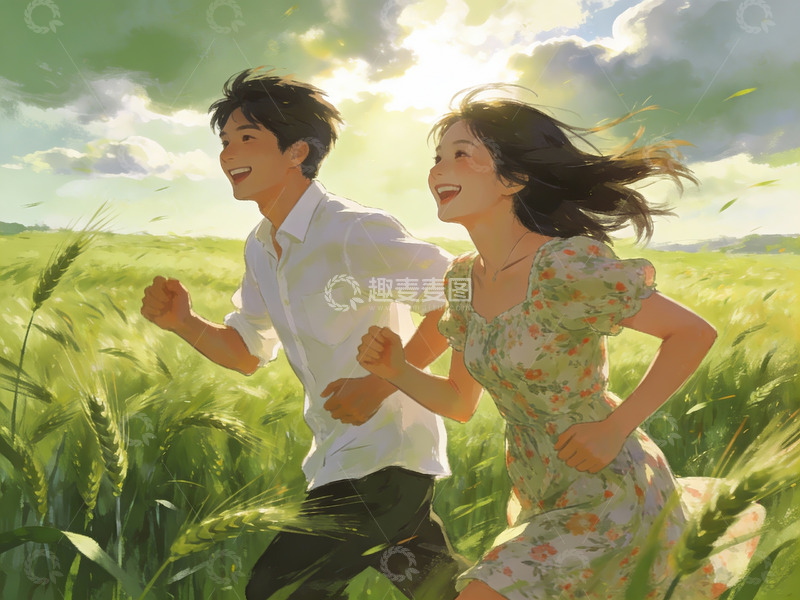 高清大图下载【趣麦麦图】青年男女在麦田中奔跑