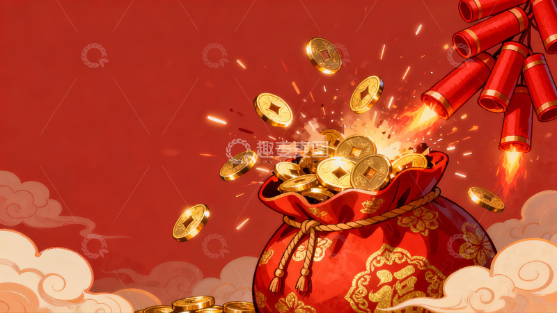 高清大图下载【趣麦麦图】红色福袋爆金币烟花迎新年