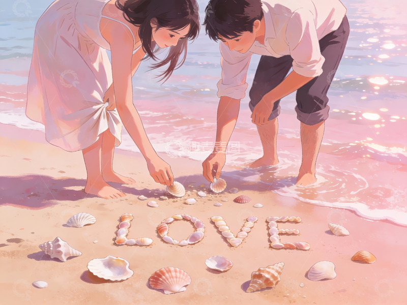 高清大图下载【趣麦麦图】情侣沙滩用贝壳拼写爱字