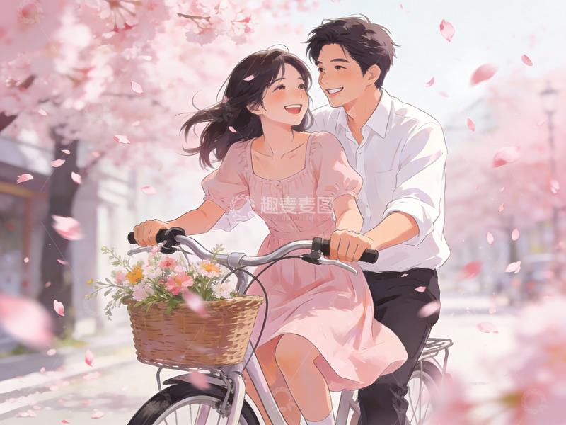 高清大图下载【趣麦麦图】樱花下骑车的情侣
