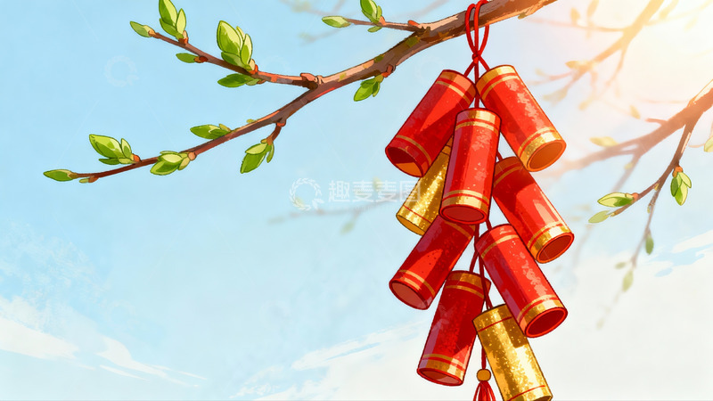 高清大图下载【趣麦麦图】春枝挂红鞭迎新春