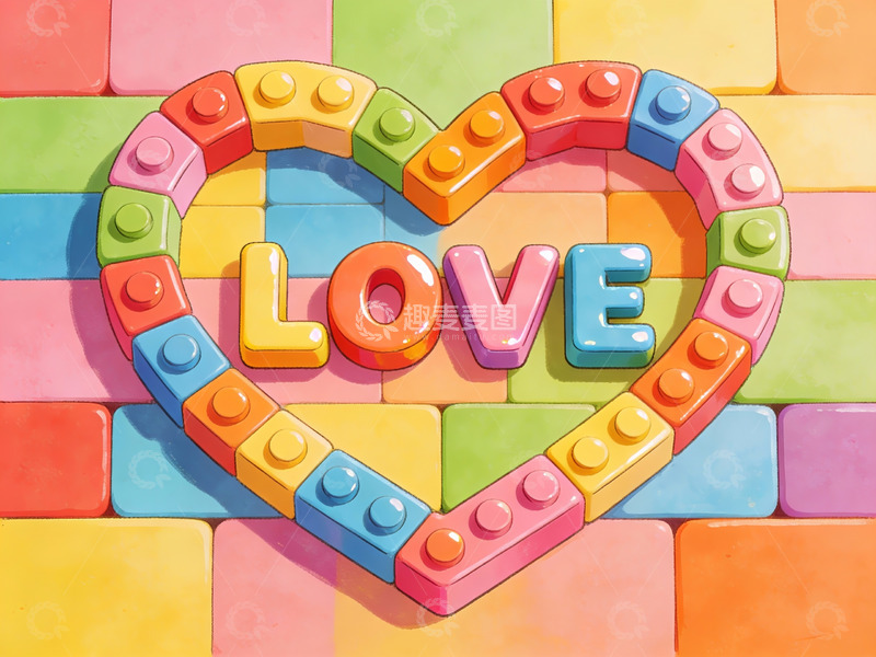 高清大图下载【趣麦麦图】彩色积木拼成爱心与爱字