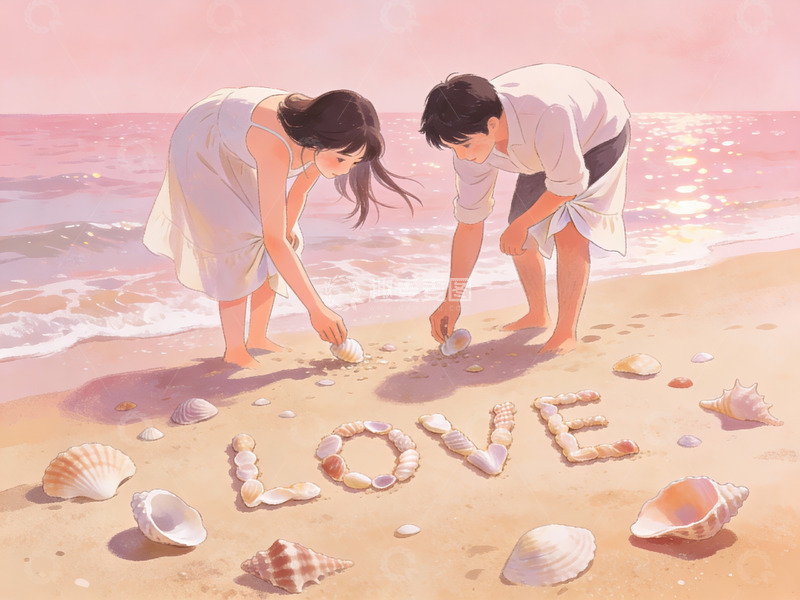 高清大图下载【趣麦麦图】情侣沙滩用贝壳拼写爱字