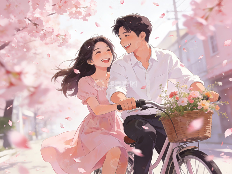 高清大图下载【趣麦麦图】樱花树下骑车的情侣