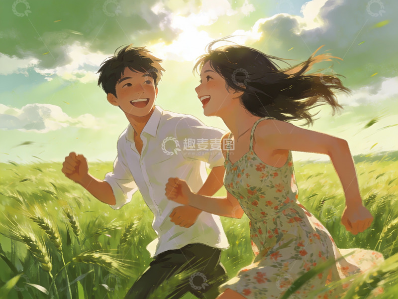 高清大图下载【趣麦麦图】青年男女在田野奔跑