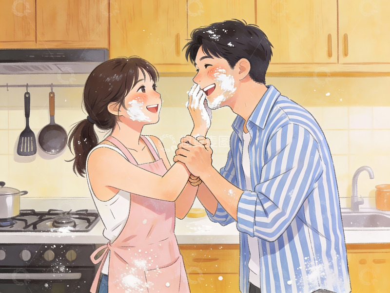 高清大图下载【趣麦麦图】厨房情侣互动场景