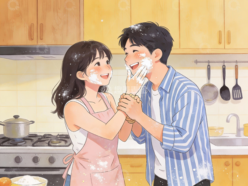 高清大图下载【趣麦麦图】厨房里嬉戏的年轻情侣