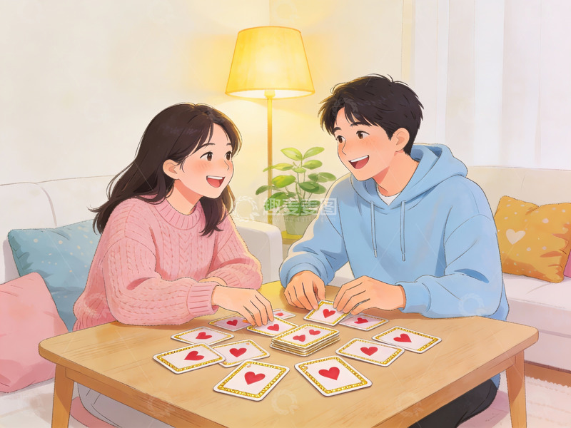 高清大图下载【趣麦麦图】情侣在客厅玩纸牌游戏
