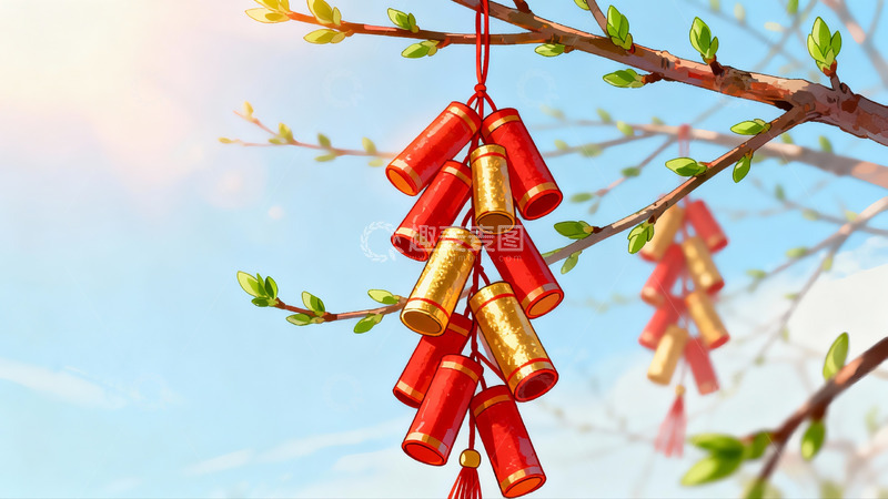 高清大图下载【趣麦麦图】春枝挂红鞭迎新春