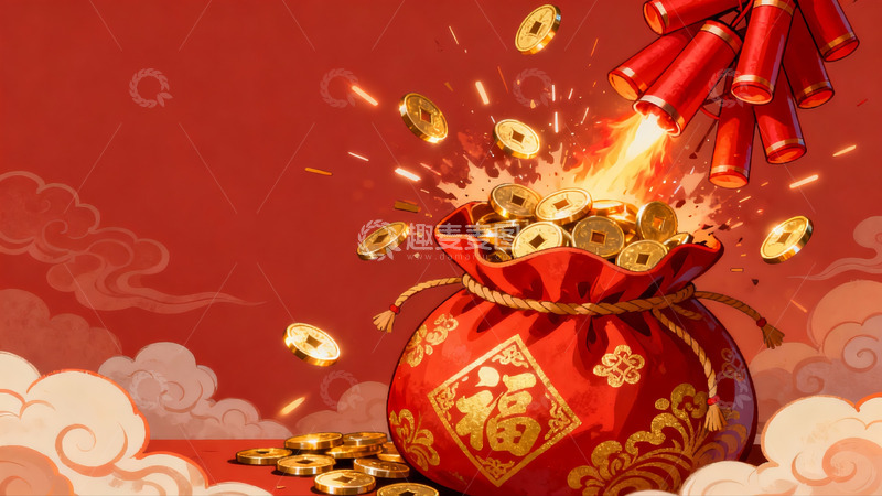 高清大图下载【趣麦麦图】红色福袋爆金币烟花迎新年