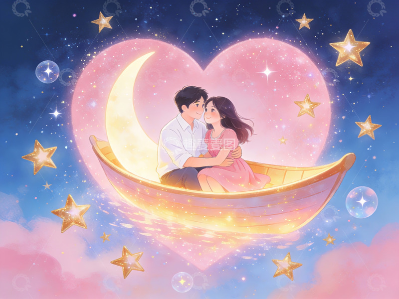 高清大图下载【趣麦麦图】情侣在心形月亮上相拥