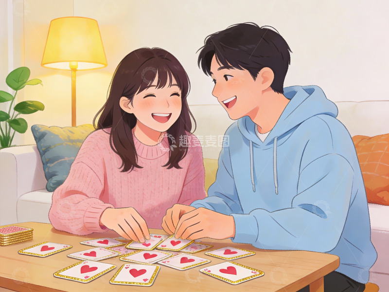 高清大图下载【趣麦麦图】情侣室内玩卡片游戏