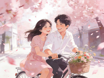 樱花下骑车的情侣