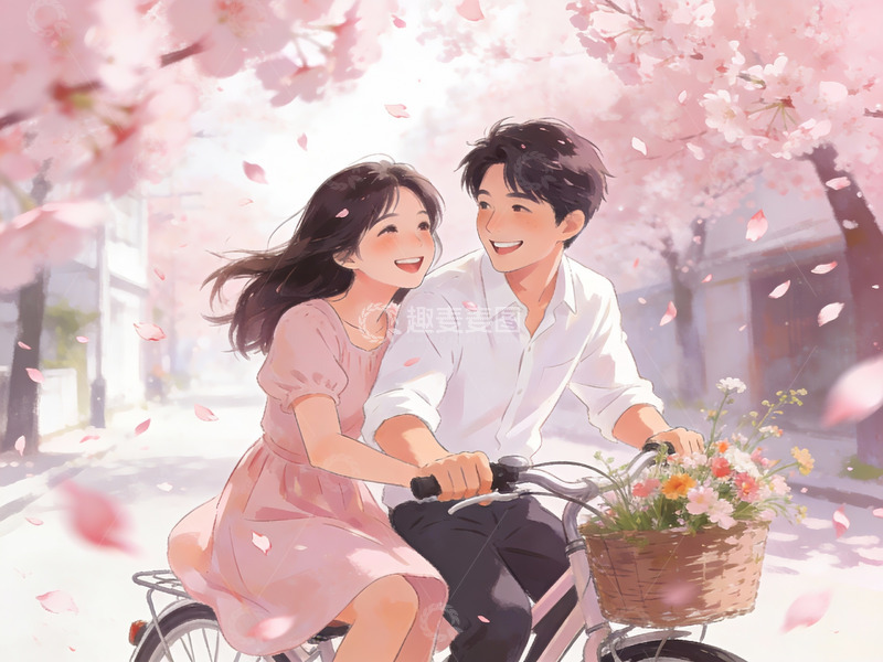 高清大图下载【趣麦麦图】樱花下骑车的情侣