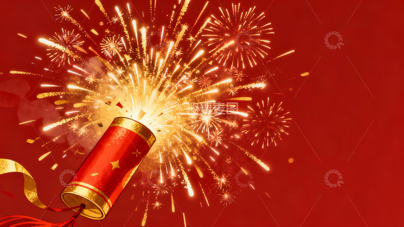 高清大图下载【趣麦麦图】红色背景烟花绽放礼花筒