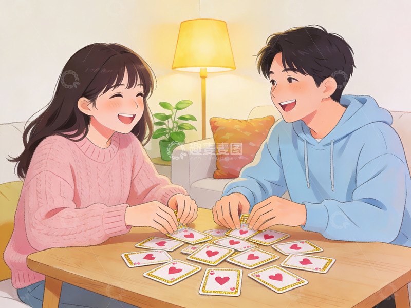高清大图下载【趣麦麦图】情侣室内玩纸牌游戏