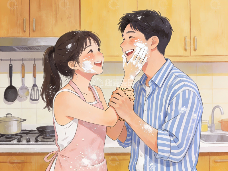 高清大图下载【趣麦麦图】厨房里嬉戏的年轻情侣