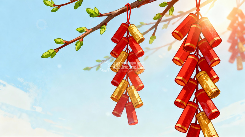 高清大图下载【趣麦麦图】春枝挂红鞭炮迎新春