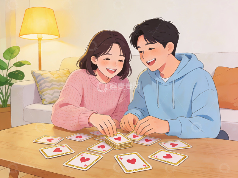 高清大图下载【趣麦麦图】情侣室内玩纸牌游戏