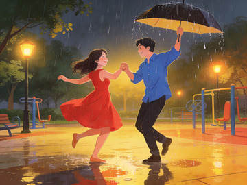 雨中情侣共舞温馨场景