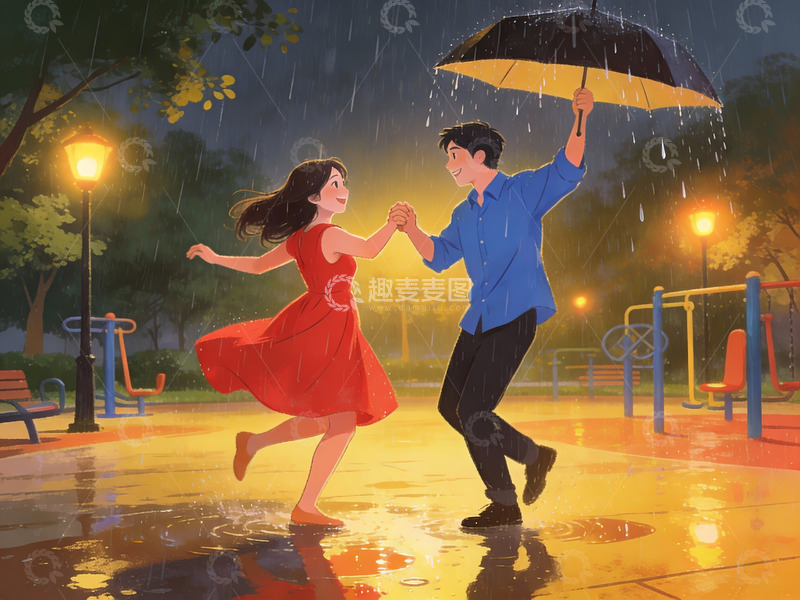 高清大图下载【趣麦麦图】雨中情侣共舞温馨场景