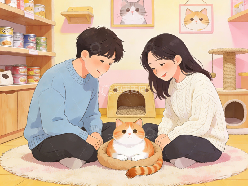 高清大图下载【趣麦麦图】情侣与猫咪温馨互动