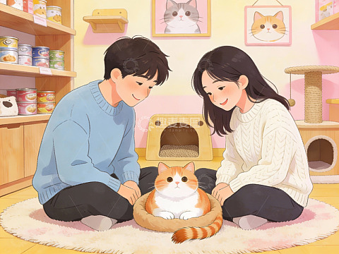 情侣与猫咪温馨互动