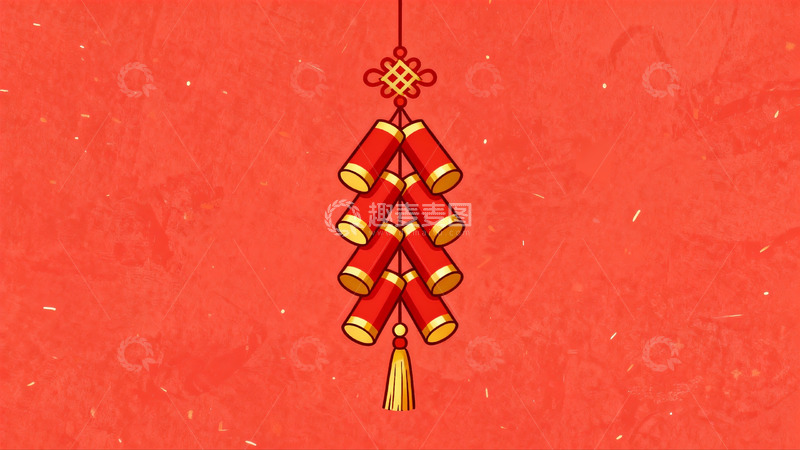 高清大图下载【趣麦麦图】红色背景上的传统鞭炮挂饰