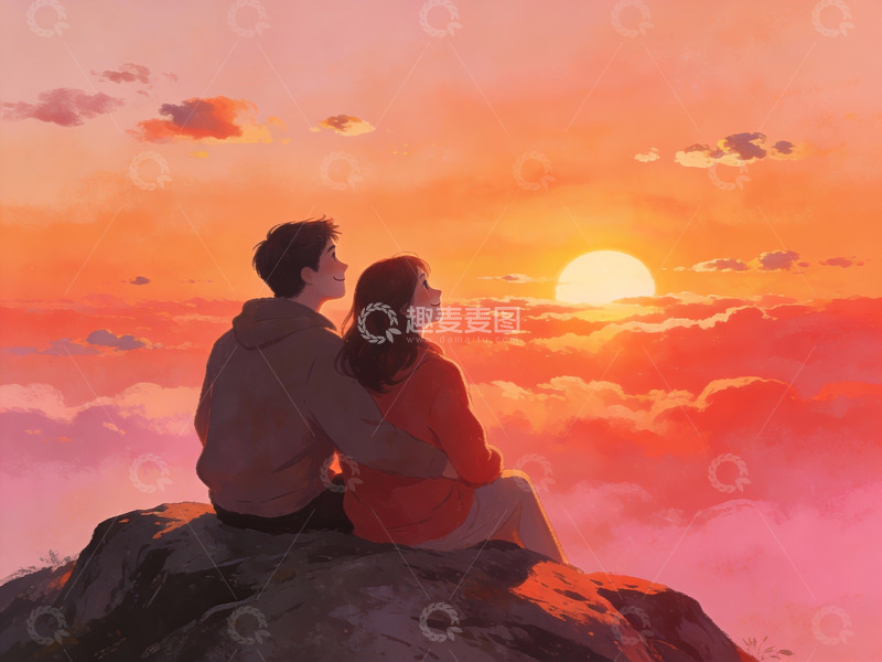 高清大图下载【趣麦麦图】情侣山顶共赏日落