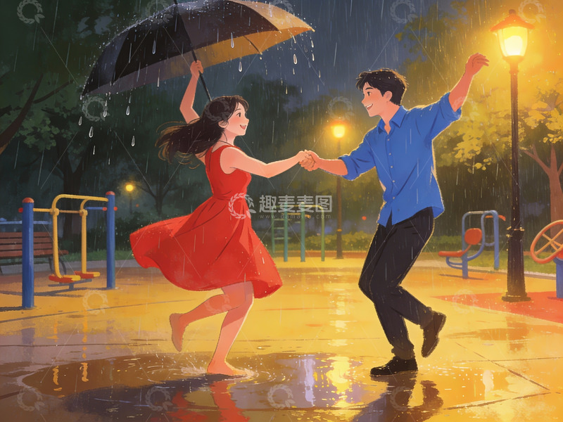 高清大图下载【趣麦麦图】雨中情侣共舞温馨场景