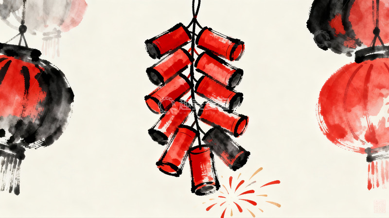 高清大图下载【趣麦麦图】水墨风格灯笼鞭炮迎新年