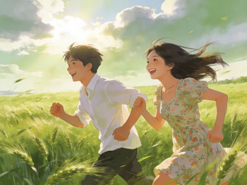 青年男女在麦田奔跑