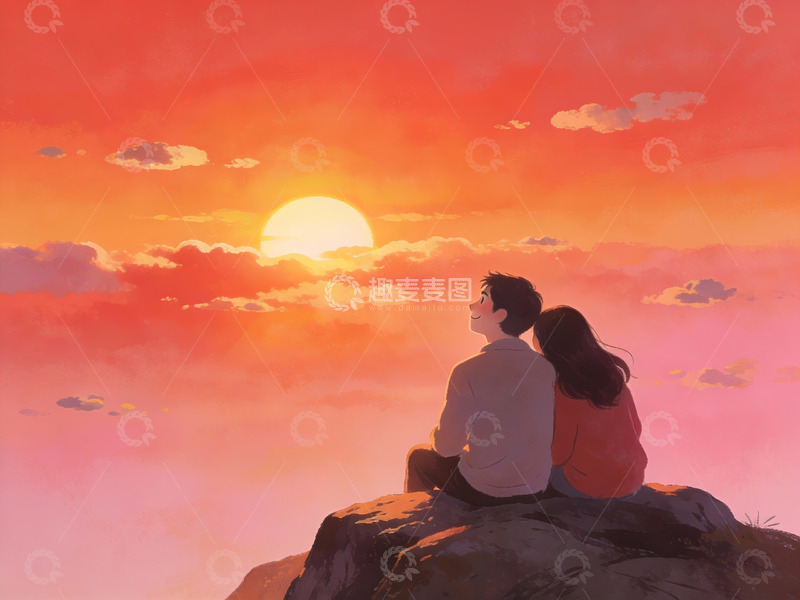 高清大图下载【趣麦麦图】情侣共赏日落