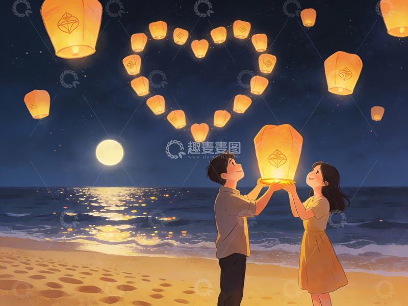 高清大图下载【趣麦麦图】情侣海边放天灯许愿