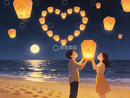 情侣海边放天灯许愿