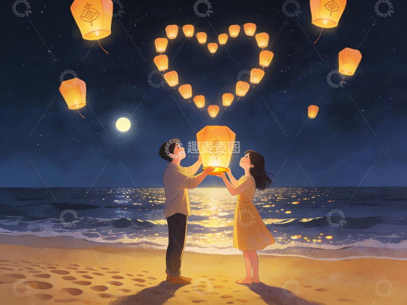 高清大图下载【趣麦麦图】情侣海边放飞心形孔明灯