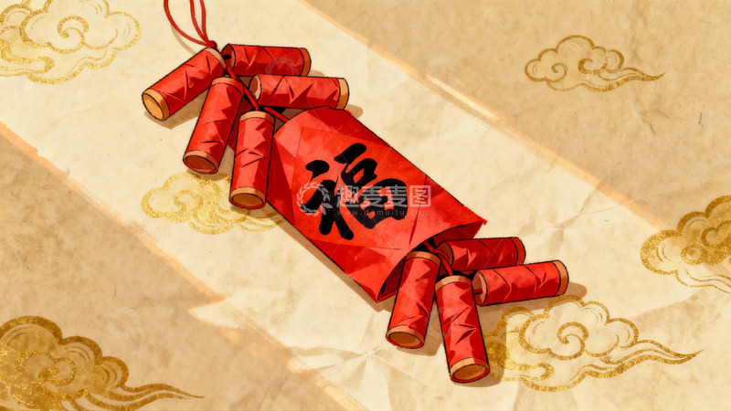 高清大图下载【趣麦麦图】红色鞭炮福字图案寓意新年