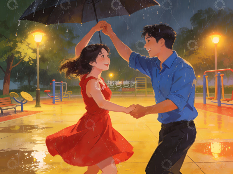 高清大图下载【趣麦麦图】雨中情侣共舞温馨场景