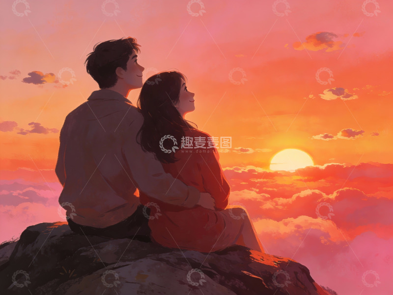高清大图下载【趣麦麦图】情侣山顶共赏日落
