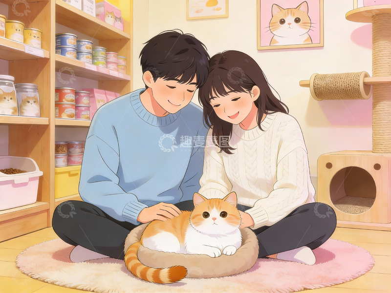 高清大图下载【趣麦麦图】情侣与猫咪温馨互动