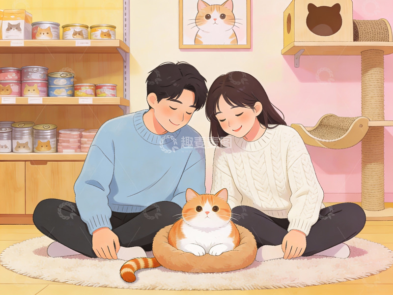 高清大图下载【趣麦麦图】情侣与猫咪温馨共处