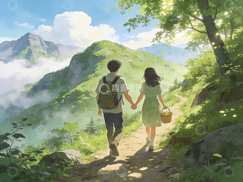 情侣携手登山赏景