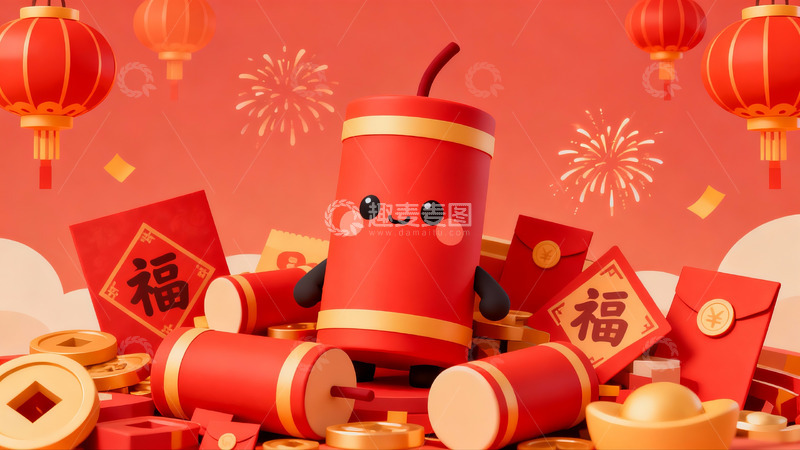 高清大图下载【趣麦麦图】春节卡通烟花红包场景