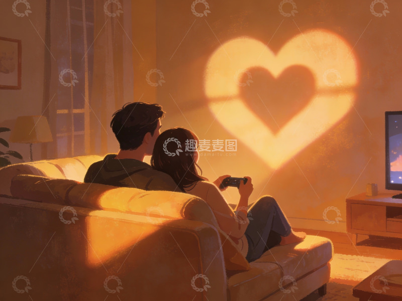 高清大图下载【趣麦麦图】情侣在客厅投影心形光