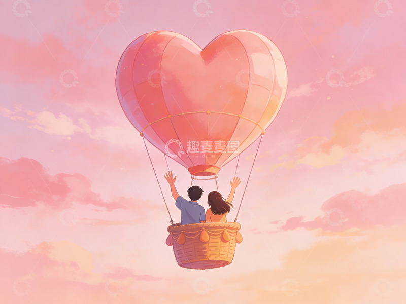 高清大图下载【趣麦麦图】情侣乘坐心形热气球飞翔