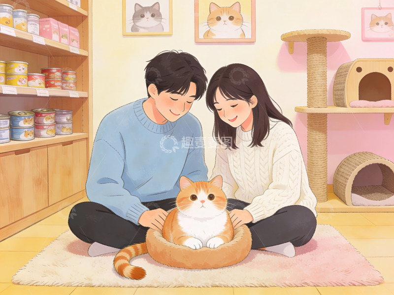 高清大图下载【趣麦麦图】情侣与猫咪温馨互动