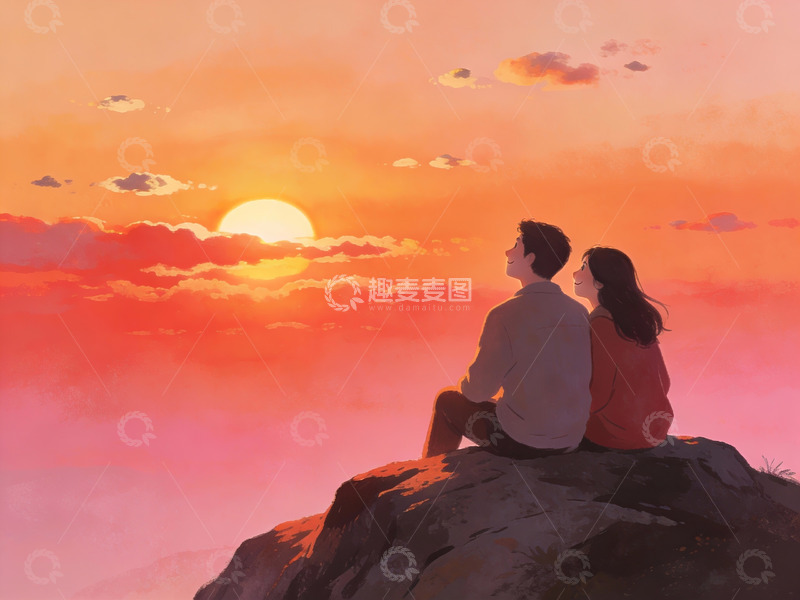 高清大图下载【趣麦麦图】情侣山顶共赏日落
