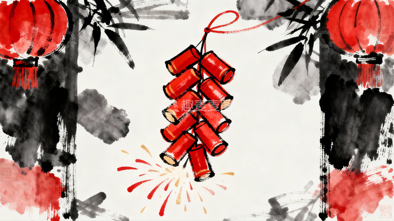 高清大图下载【趣麦麦图】中国传统新年爆竹灯笼水墨画
